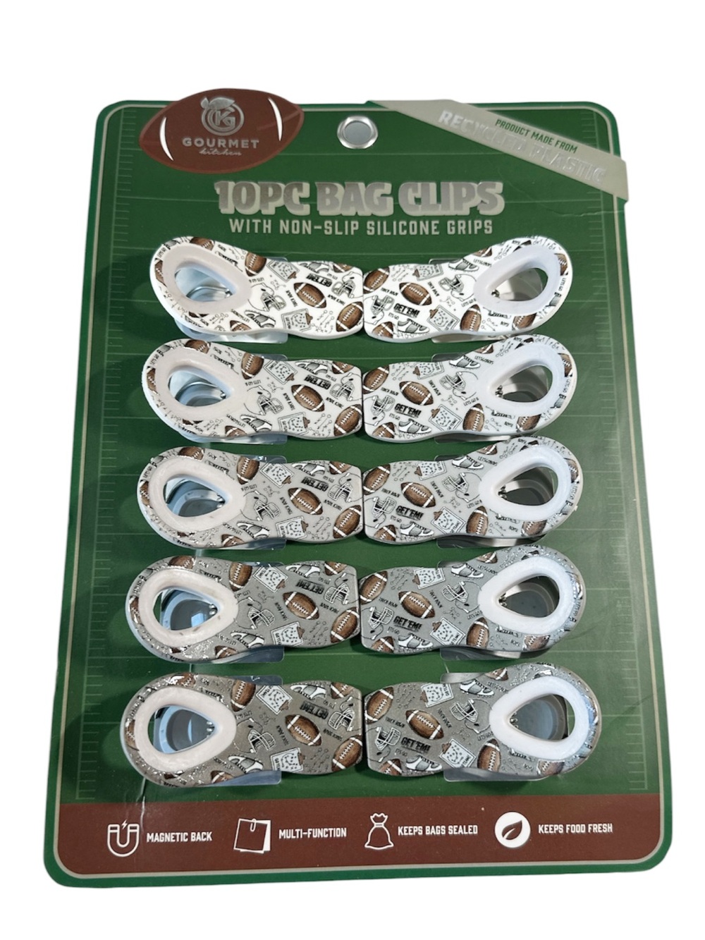 Gourmet Kitchen FOOTBALL THEMED BAG CLIPS W/Magnets on Back SET/10